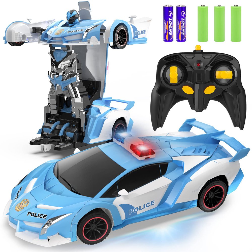 FDJ RC Cars - Transform Remote Control Car, 2.4Ghz 1:18 Scale Transforming Police Car Toy with Flashing Light, One Button Deformation 360 Degree Rotating Drifting Kids Toys Car for Boys Girls