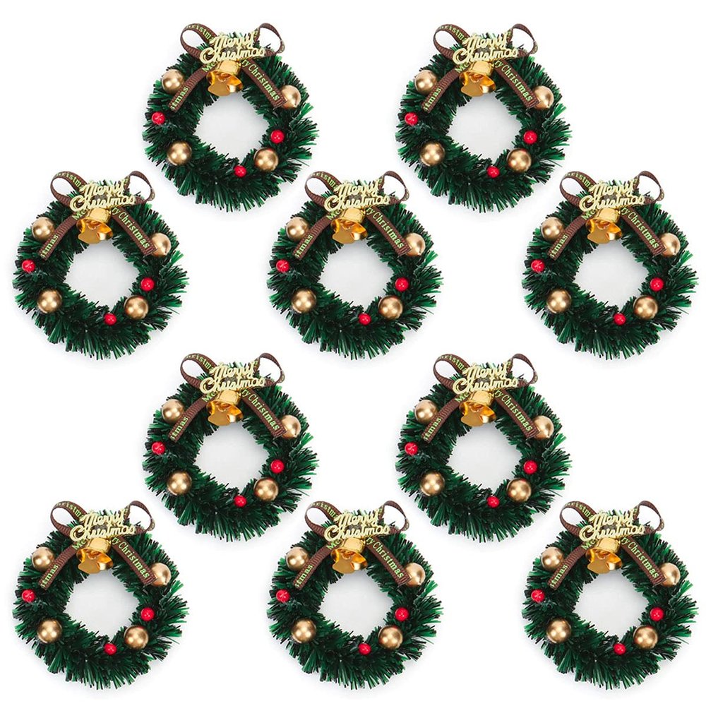 10 Pieces Mini Artificial Christmas Wreaths Ornaments, Dollhouse Miniature Christmas Wreath Doll House Mini Xmas Wreath for Dollhouse Door Windows Christmas Tree Decoration (Gold Bell)