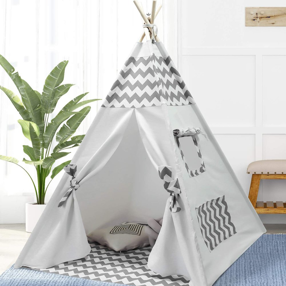 Ukadou Boys Teepee Tent for Kids Teepee Baby Teepees for Boys Girls Baby Kids Tent Indoor Tepee Grey Chevron Tepees Toddler Tent with Floor & Carry Case