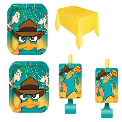 Phineas and Ferb Birthday Party Supplies Bundle Pack includes 16 Plates, 1 Table Cover, 16 Blowouts (Bundle for 16)