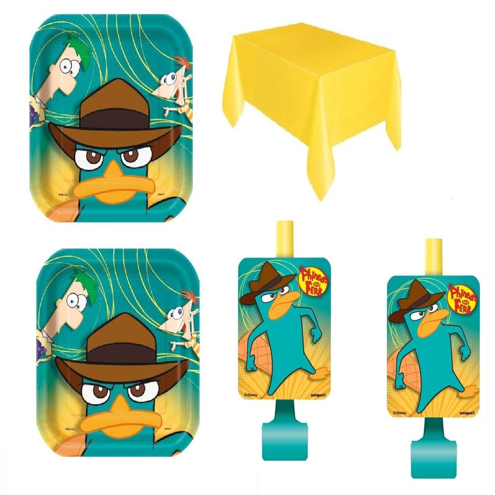 Phineas and Ferb Birthday Party Supplies Bundle Pack includes 16 Plates, 1 Table Cover, 16 Blowouts (Bundle for 16)