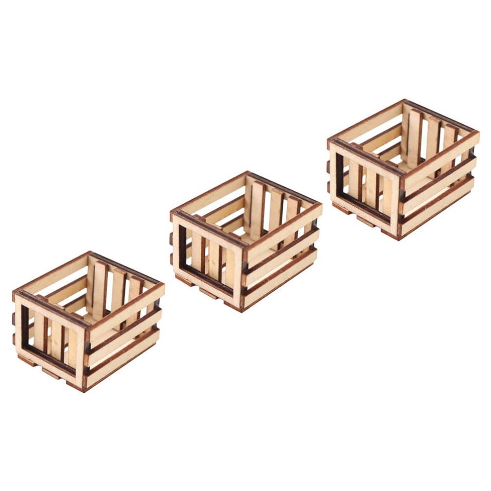 Kisangel Miniature Wooden Storage Basket Model 3Pcs Dollhouse Crates Miniature Baskets for Dollhouse Decor Fairy Garden Accessories 1.96X1.69X1.29 Inches