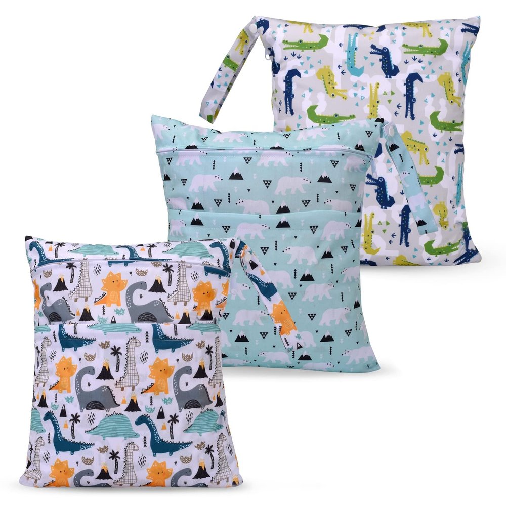 eaxin 3pcs Cloth Diaper Wet Dry Bags Waterproof Reusable with Two Zippered Pockets Travel Beach Pool Daycare Soiled Baby Items Yoga Gym Bag for Swimsuits or Wet Clothes (Dinosaur,Polar bear)