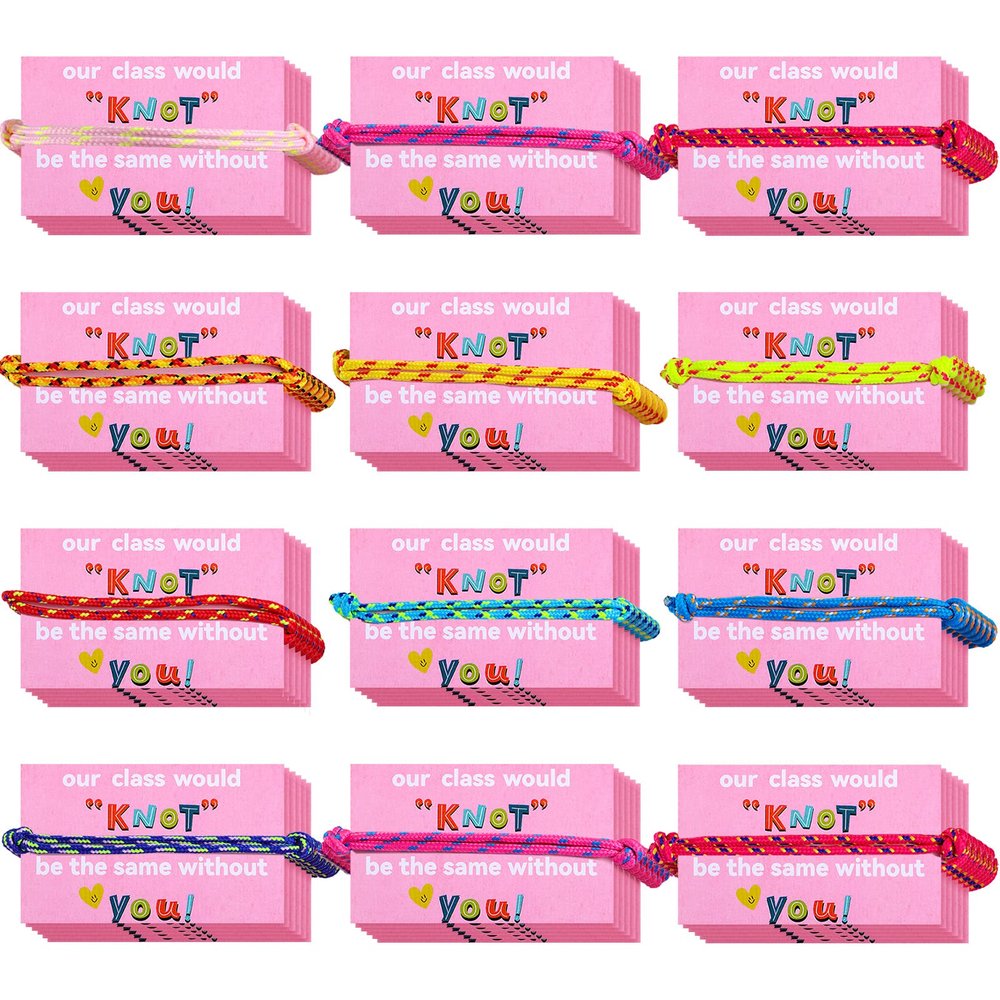 Junkin 60 Sets Class Valentines Gifts for Kids Students Knot Bracelets with Cards Classroom Valentines Party Favors, Our Class Would "knot" Be The Same Without You(Square Card)