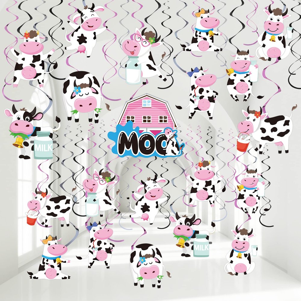 30 Pcs Cow Print Birthday Party Supplies Cow Hanging Swirl Pink Cow Party Decorations Moo Moo Party Decorations Cow 1st 2nd Bday Birthday Party Supplies for Ceiling Baby Shower Farm Animals Decor