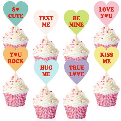 72 Pcs Heart Cupcake Toppers Valentine's Day Conversation Sweet Love Cupcake Pick Decorations 8 Styles Candy Cake Toppers for Wedding Engagement Bridal Shower Birthday Party Cake Decorations Supplies