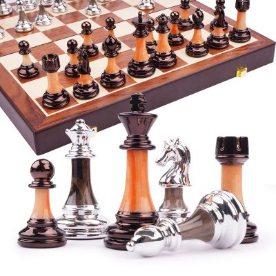 15" Metal Chess Sets for Adults with Zinc Alloy + Acrylic Chess Pieces & Portable Folding Wooden Chess Board Travel Chess Set Board Game Gift Elegant Metal Chessmen & Storage Box