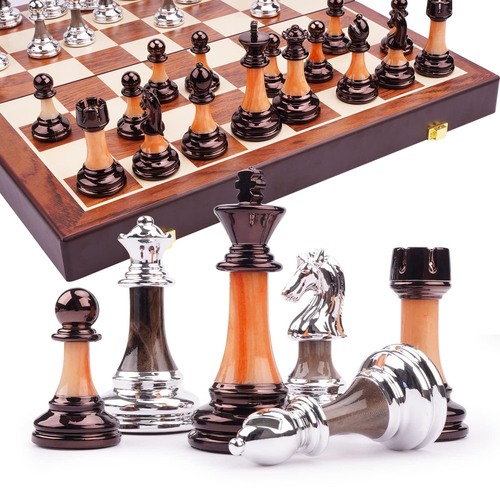 15" Metal Chess Sets for Adults with Zinc Alloy + Acrylic Chess Pieces & Portable Folding Wooden Chess Board Travel Chess Set Board Game Gift Elegant Metal Chessmen & Storage Box