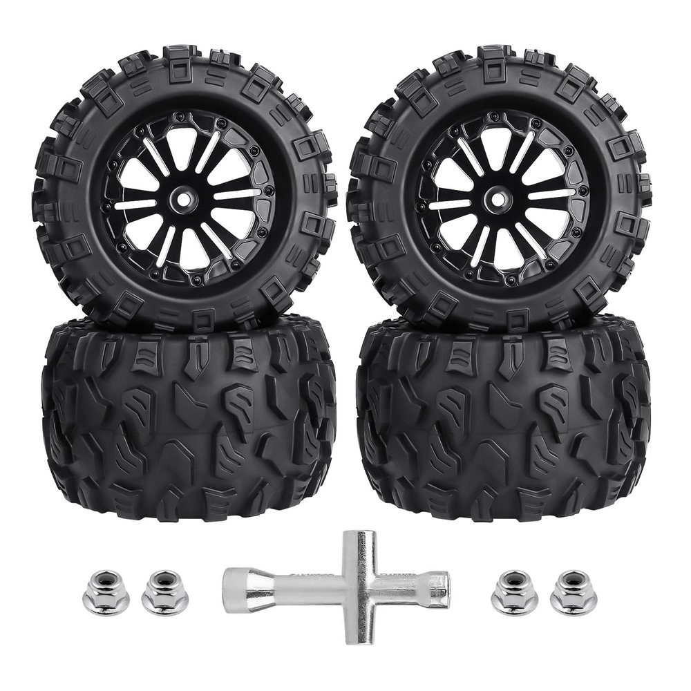4Pcs 2.8 Preglued Mounted OD 125mm 1/10 RC Truck Tires and Wheels 12mm Hex Hubs for Traxxas Stampede Rustler VXL 4x4 2WD Redcat Volcano EPX Pro Exceed Infinitive