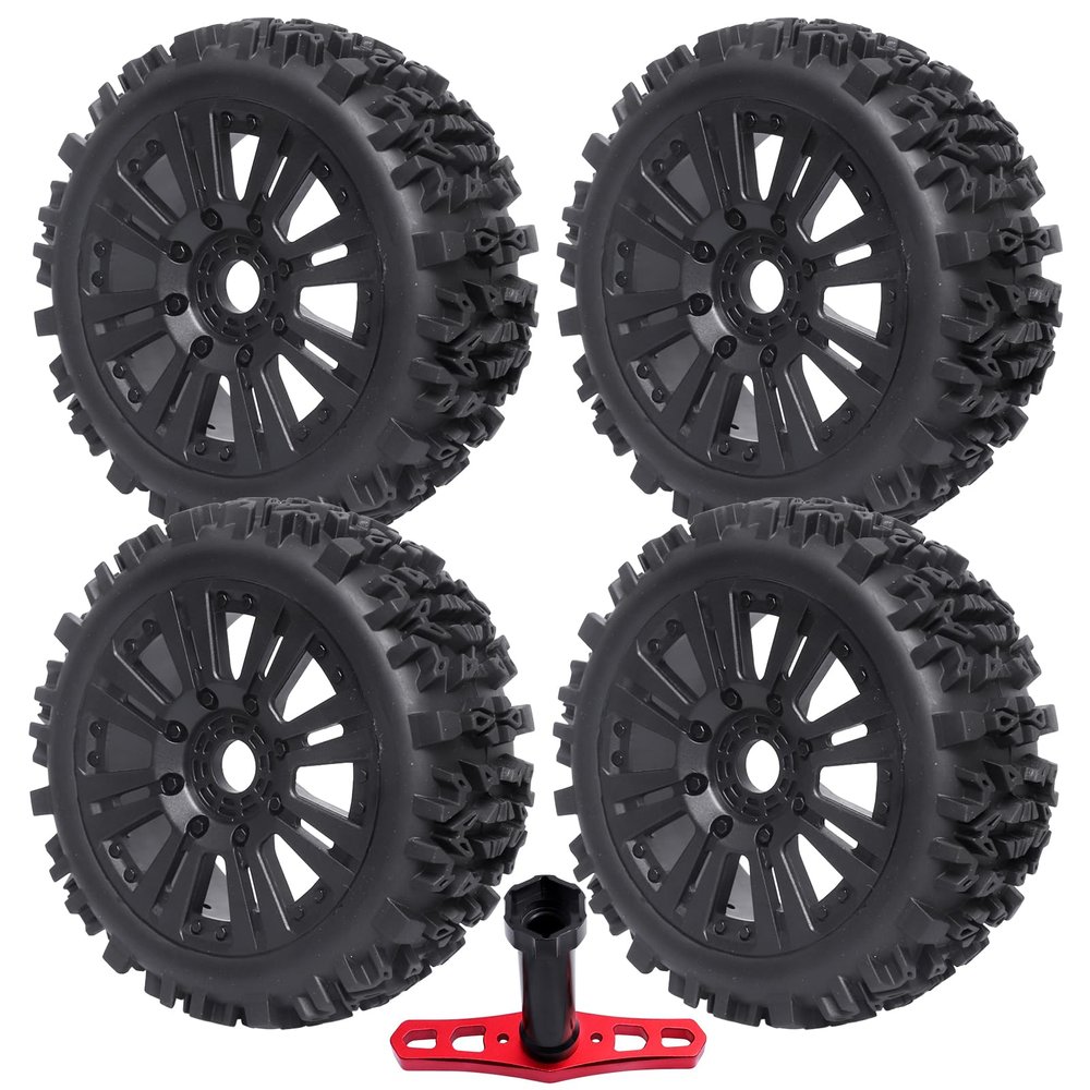 CrazyHobby Pre-Glued RC Buggy Tires & Wheels Rims Set with Foam Inserts for 1/8 Arrma Typhon 6S 3S Blx Losi 8ight Tekno Kyosho Hobao Off-Road Car(4Pcs)