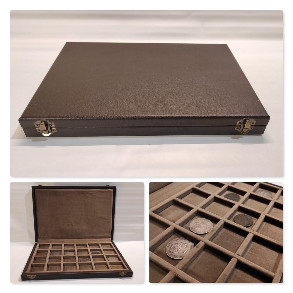 Case in wood and imitation leather Dark brown, interior in Italian velvet box for coins medals or other precious items