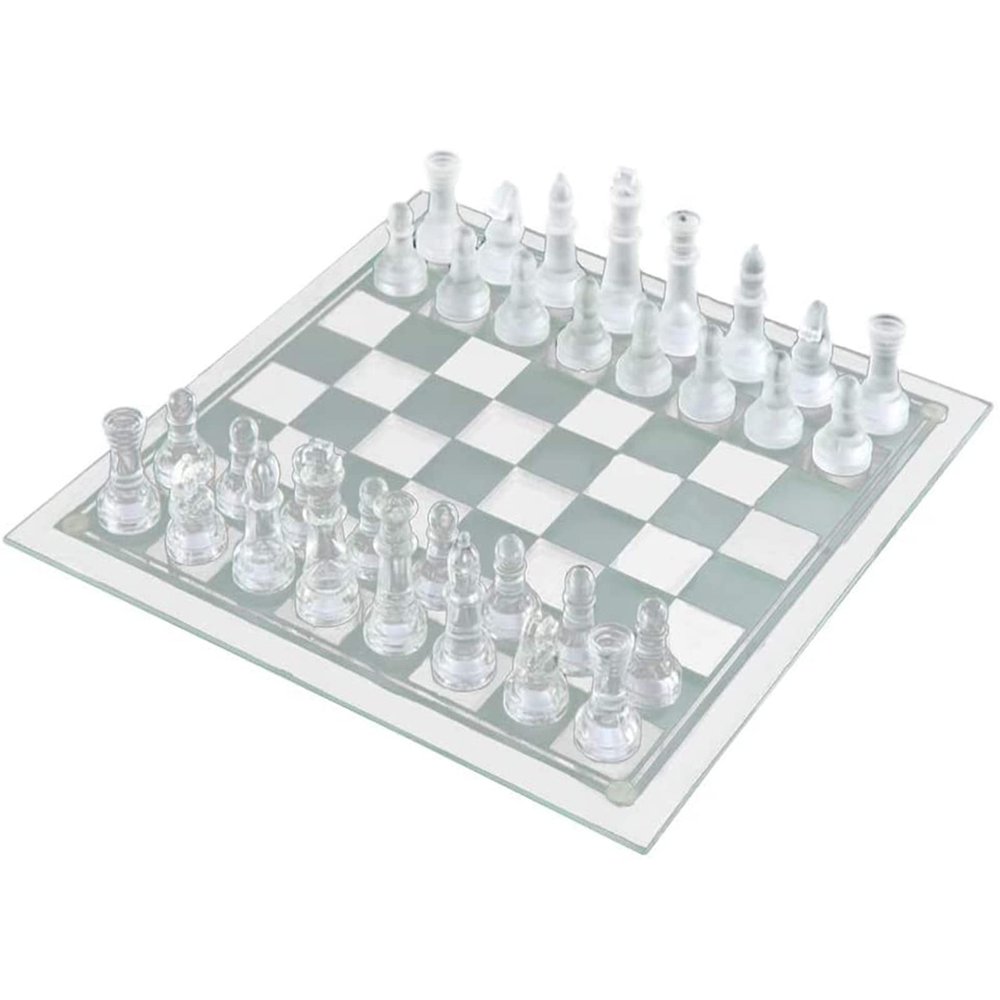 14" Glass Chess Game Set, Solid Glass Chess Pieces and Crystal Mirror Chess Board, 14 x 14 inches Chess Board, Travel Chess Board Game Set for Youth Adults