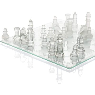 10 Inch Glass Chess Game Set, Frosted Glass Crystal Chess Board Young Adult Set, 16 Frosted and 16 Clear Glass Chess Pieces, Crystal Chess Set for Adults and Children Strategy Game