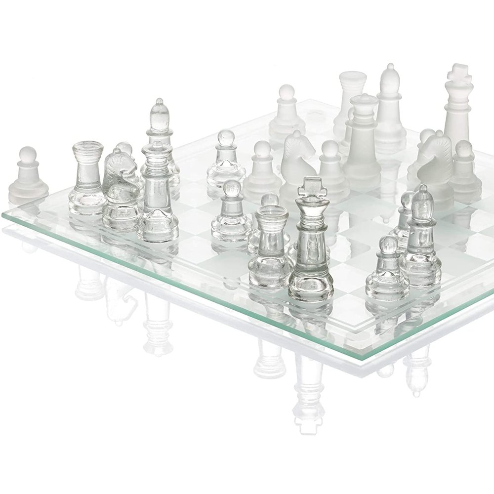 10 Inch Glass Chess Game Set, Frosted Glass Crystal Chess Board Young Adult Set, 16 Frosted and 16 Clear Glass Chess Pieces, Crystal Chess Set for Adults and Children Strategy Game