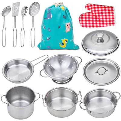 Yellora Play Pots and Pans Sets for Kids, Stainless Steel Cookware Toys Gift Set for Christmas, Pretend Play Kitchen Accessories, Role Play Educational Toys for Kids Toddlers Boys Girls