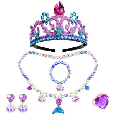 Keenjorika 6pcs Girls Princess Necklace Bracelets Ear Clips Set Mermaid Crown Pendant Colorful Plastic Princess Party Dress Up Pretend Play Christmas Gift