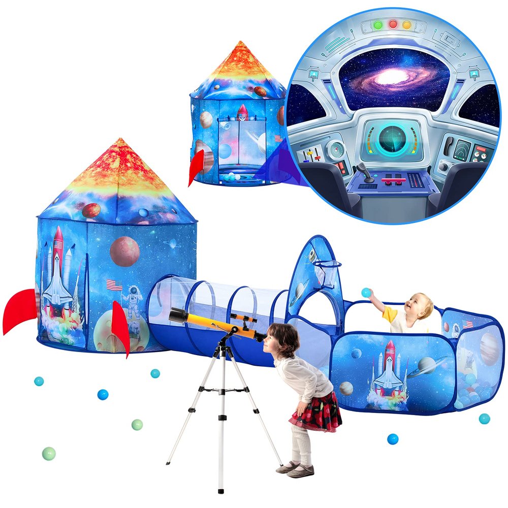 PigPigPen 3pc Kids Play Tent for Boys with Ball Pit, Crawl Tunnel, Rocket Ship Tents for Toddlers, Baby Space World Playhouse Toys, Boys Indoor& Outdoor Play House, Perfect Kids Gifts