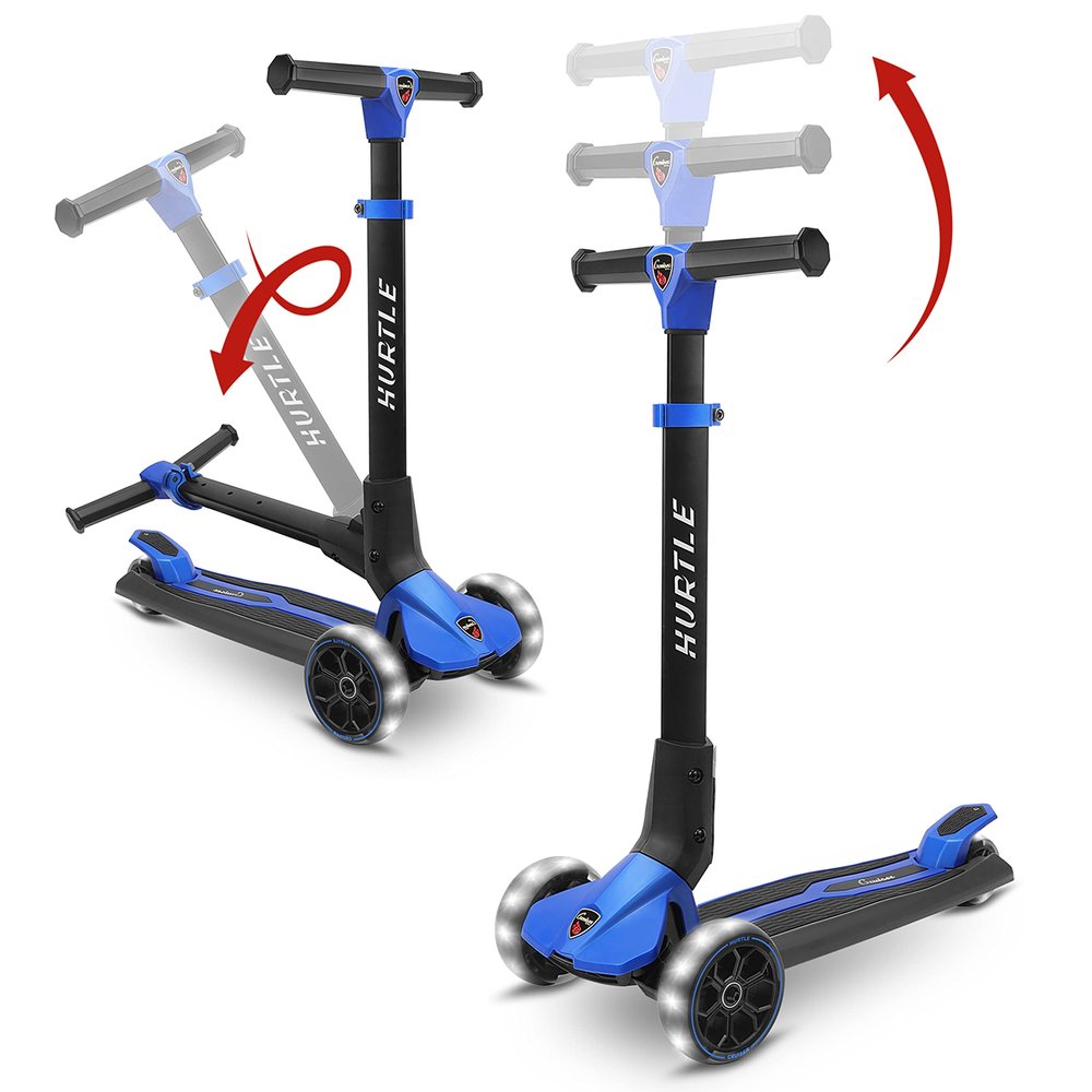 Hurtle Kids Scooter - Child Toddler Kick Scooter Toy - 3 Wheel Scooter with Adjustable Height, Anti-Slip Deck, Flashing Wheel Lights, for Boys/Girls 3-10 Year Old (Blue)