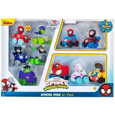 Marvel's Spidey and his Amazing Friends SNF0046 10-Pack-2 Mini Vehicle Assortment Including, Ghost Spider, Miles, Hulk, and More-Toys Featuring Your Friendly Neighbourhood Spideys, Multi