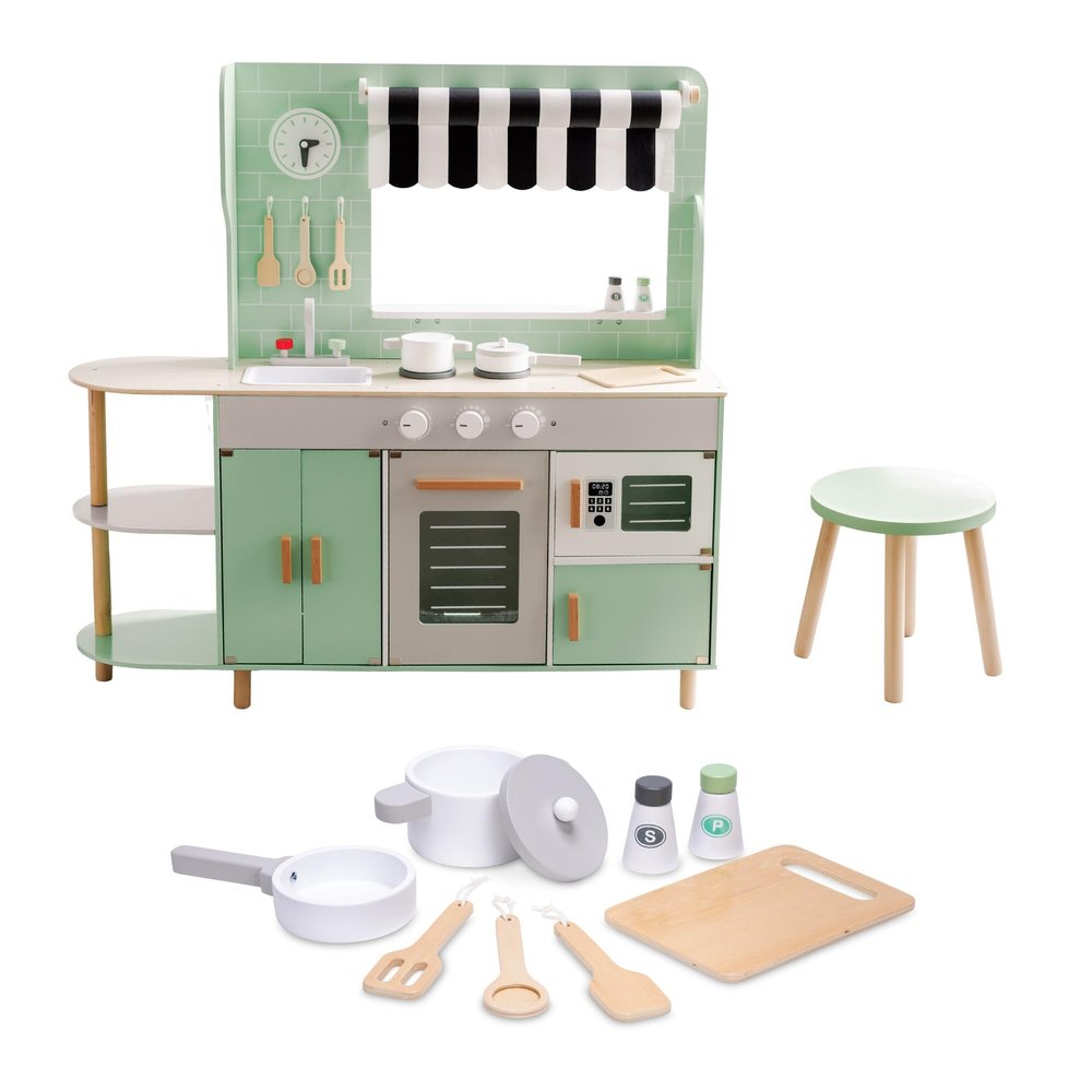 MindWare Play Kitchen Caf  Unique 2-in-1 Playset Features Kitchen on One Side and Caf on The Other  Pretend Play for Kids Ages 3 & Up  Includes Basic Kitchen Tools