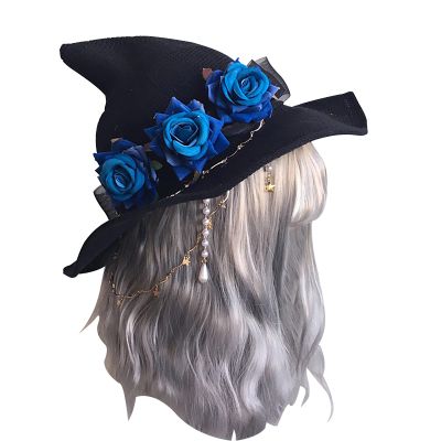 Black Witch Hat Halloween Party Costume Women Girls Big Bow Rose Headband Wicked Wizard Hat Large Brim Witch Cosplay Sun Hat