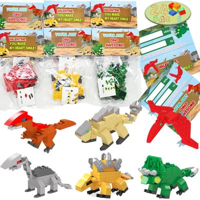 WODMAZ 24 Packs Valentines Day Cards with Dinosaur Building Blocks, Valentines Dinosaur Toys Set for Kids Classroom Exchange Gifts, Valentine Party Favor, Valentine's Greeting Cards