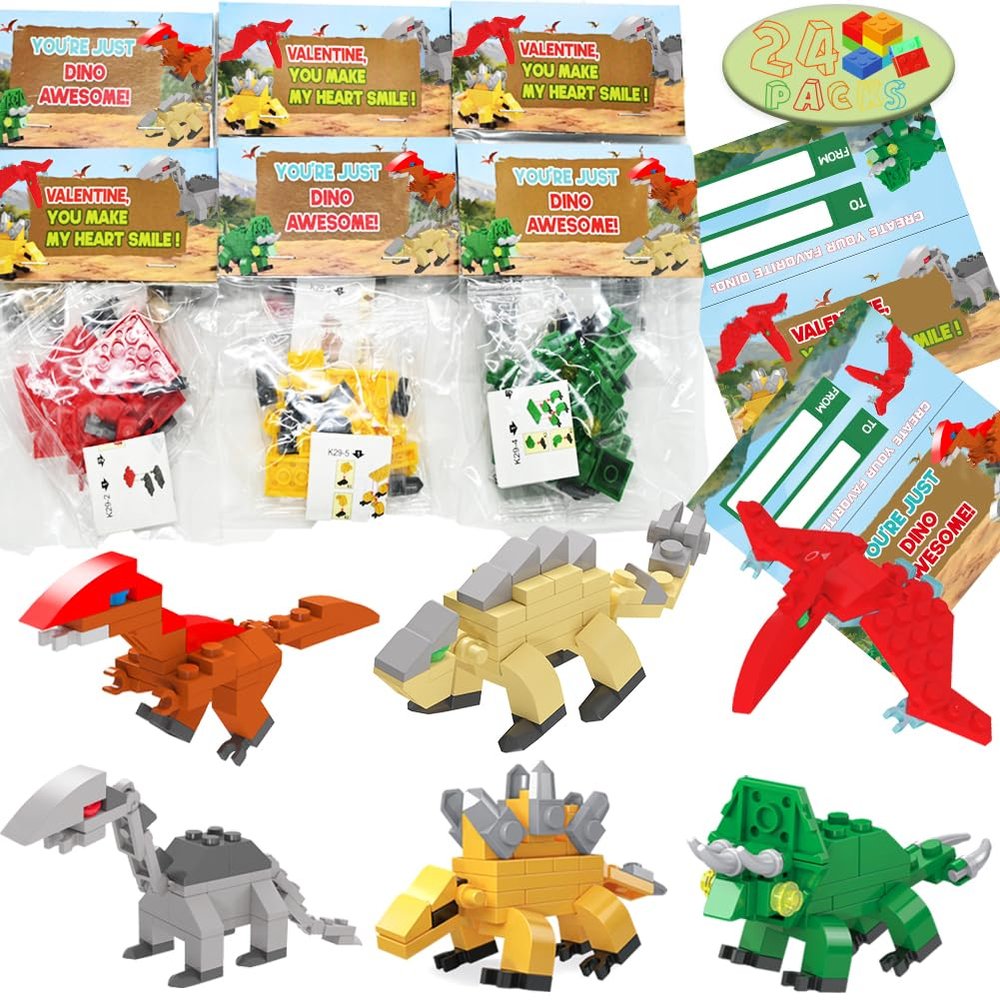 WODMAZ 24 Packs Valentines Day Cards with Dinosaur Building Blocks, Valentines Dinosaur Toys Set for Kids Classroom Exchange Gifts, Valentine Party Favor, Valentine's Greeting Cards