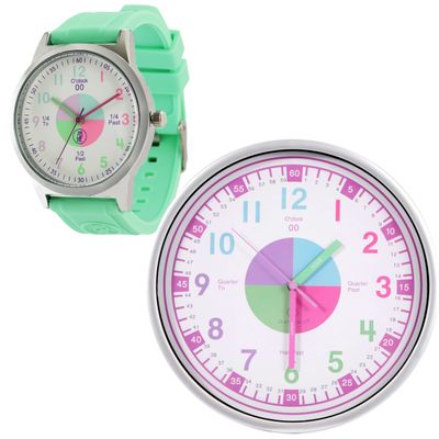 OWLCONIC Telling Time Teaching Clock - Bundled with Kids Watch. Learn to Tell Time Resources. Pastel Light Green