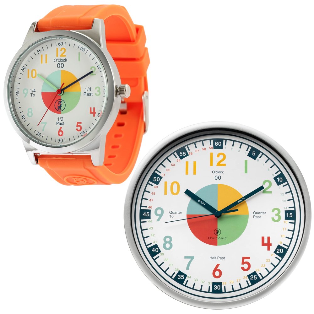 OWLCONIC Telling Time Teaching Clock - Bundled with Kids Watch. Learn to Tell Time Resources. Orange