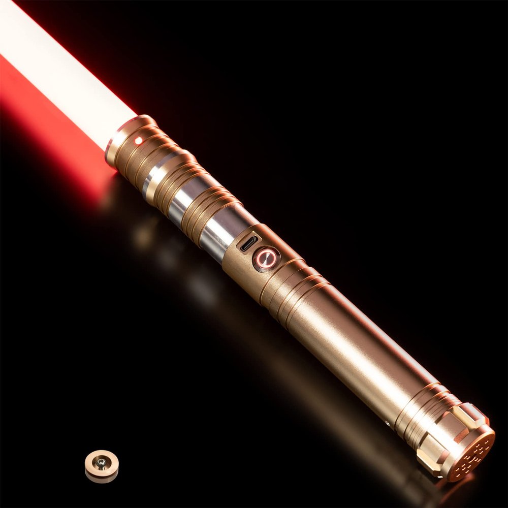 CUSTOM SABER RGB Light Saber 12 Colors Changing,4 Set Sound Fonts Metal Hilt Light Saber, Rechargeable, Support Dueling, Volume Adjustable Light Sabers for Adults with Convertec Wheel Toy Tool -Gold
