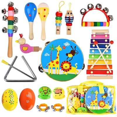 Kids Musical Instruments Set, 20 Pcs Toddler Wooden Percussion Instruments for Baby Children with Tambourine Xylophone Maracas, Preschool Musical Toys Set for Boys and Girls with Carrying Bag