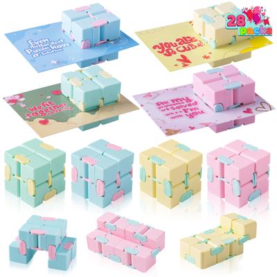 JOYIN 28 Packs Valentines Day Gift Cards with Infinity Magic Toys, Colorful Hand-Held Flip Toy, Stress Relief Fidget Toys for Kids Valentine Party Favors, Classroom Exchange and Goodie Bag Stuffers