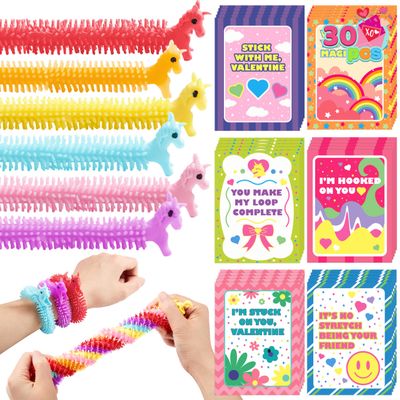 JOYIN 30 Pcs Valentine's Day Gift Cards with Multi-color Stretchy String Toys Set, Unicorn Noodle Toys, Stress Relief Fidget Toys for Kids Valentine Party Favors, Classroom Gift Exchange, Game Prize