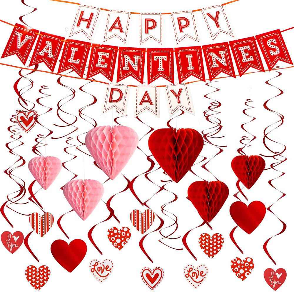 JOYIN 31 Pcs Valentines Day Swirl String Cutout,Decoration Kit with Banner, Garland, Foil Swirls, Hanging Swirls with Heart Pendant,Heart Honeycombs for Valentines Party, Wedding ,Anniversary