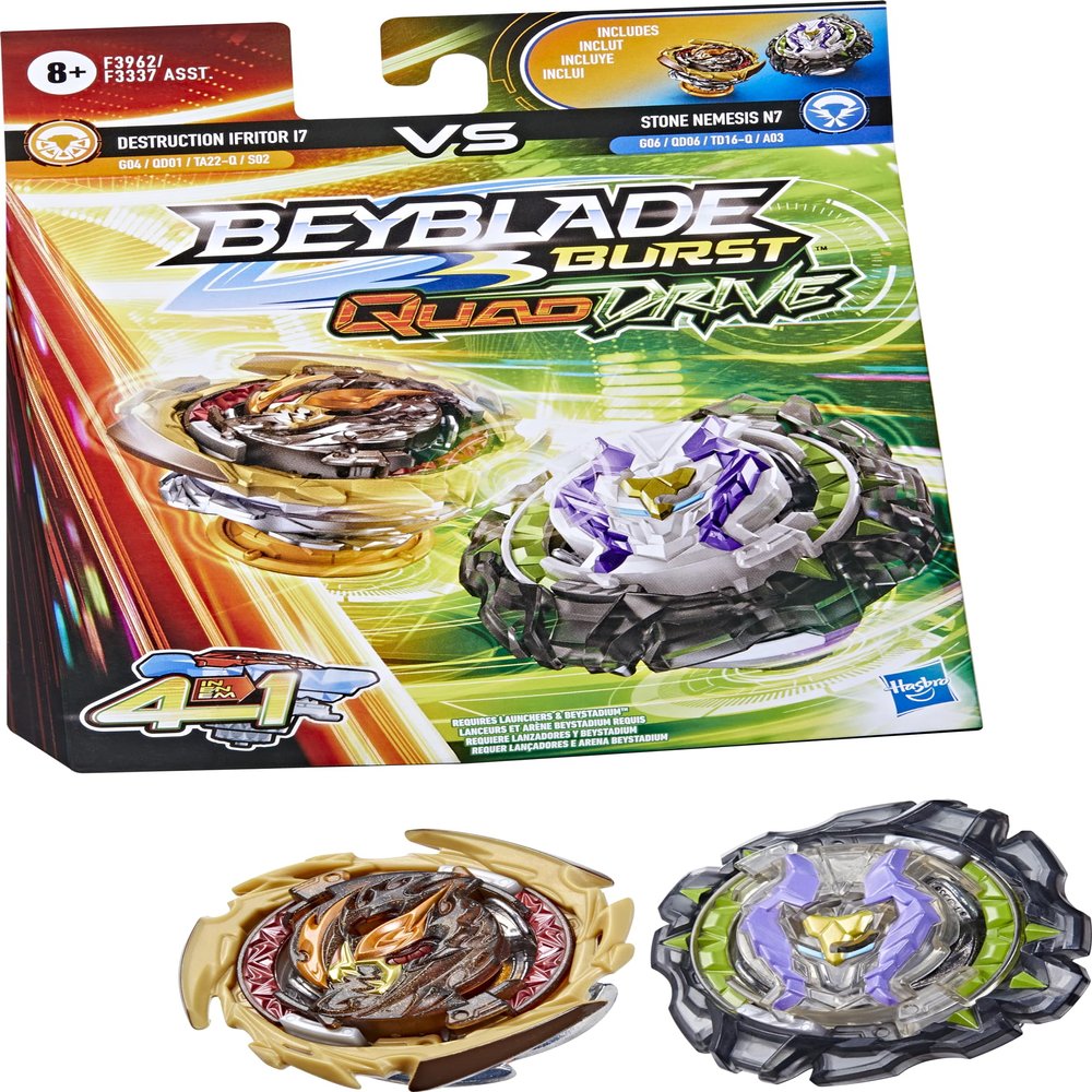 Beyblade Burst QuadDrive Destruction Ifritor I7 and Stone Nemesis N7 Spinning Top Dual Pack - 2 Battling Game Top Toy for Kids Ages 8 and Up