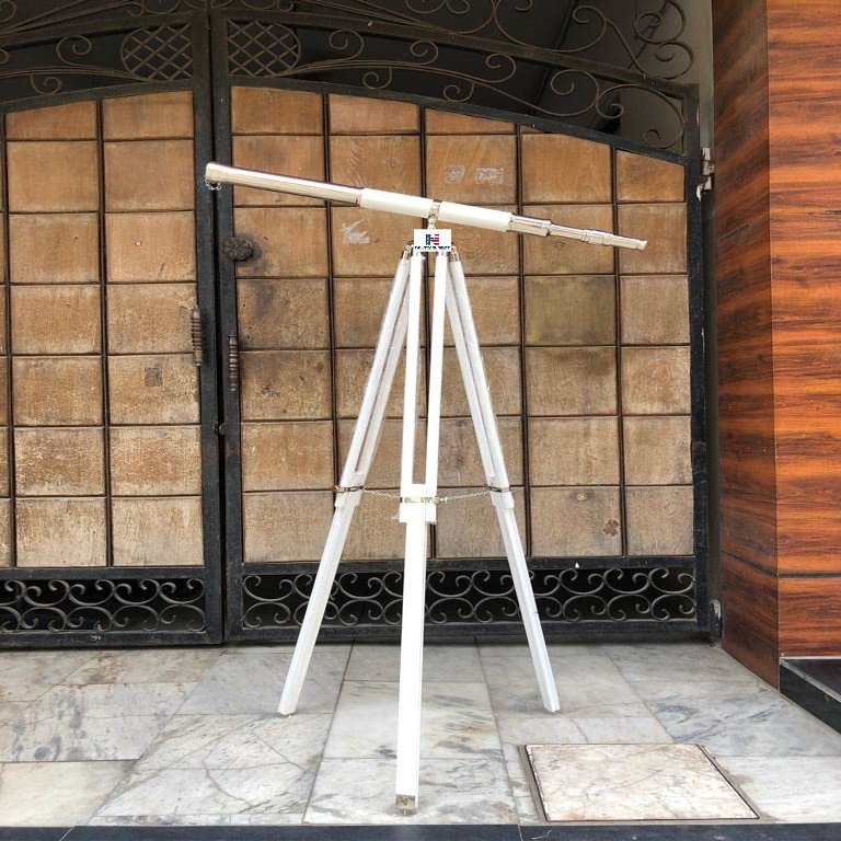 Nautical-Mart Harbor Master Floor Standing Telescope Brushed Nickel/White Leather with Tripod Stand 60inch