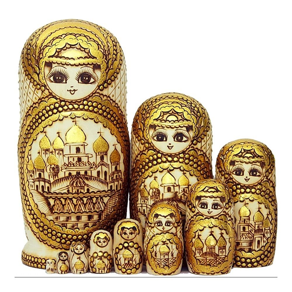 BDPP Nesting Dolls Russian Nesting Dolls 10pcs Set Wood Doll Traditional Matryoshka Nesting Doll Souvenir Educational Toy Creative Birthday Gift Matryoshka (Color : Gold)