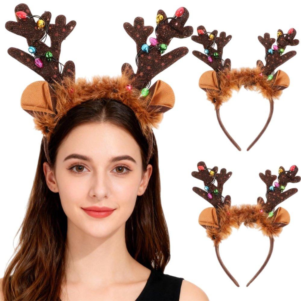 FOMIYES Light Up Reindeer Headbands, Christmas LED Antlers Headbands Deer Ears Hair Bands Xmas Headpieces for Women Girl Christmas Costume Holiday Party Decoration Accessories