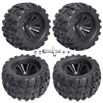 2.8'' Tires and Wheels 12mm Hex Pre-Glued 1/10 Monster Truck Tyres Sets for Traxxas Rustler Stampede Redcat Volcano Blackout MT Off-Road Cars Models 2S-4S Brushless Power, Set of 4