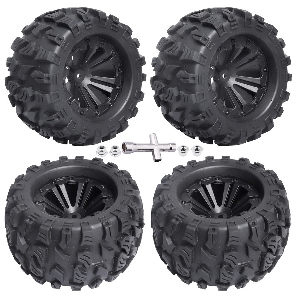 2.8'' Tires and Wheels 12mm Hex Pre-Glued 1/10 Monster Truck Tyres Sets for Traxxas Rustler Stampede Redcat Volcano Blackout MT Off-Road Cars Models 2S-4S Brushless Power, Set of 4