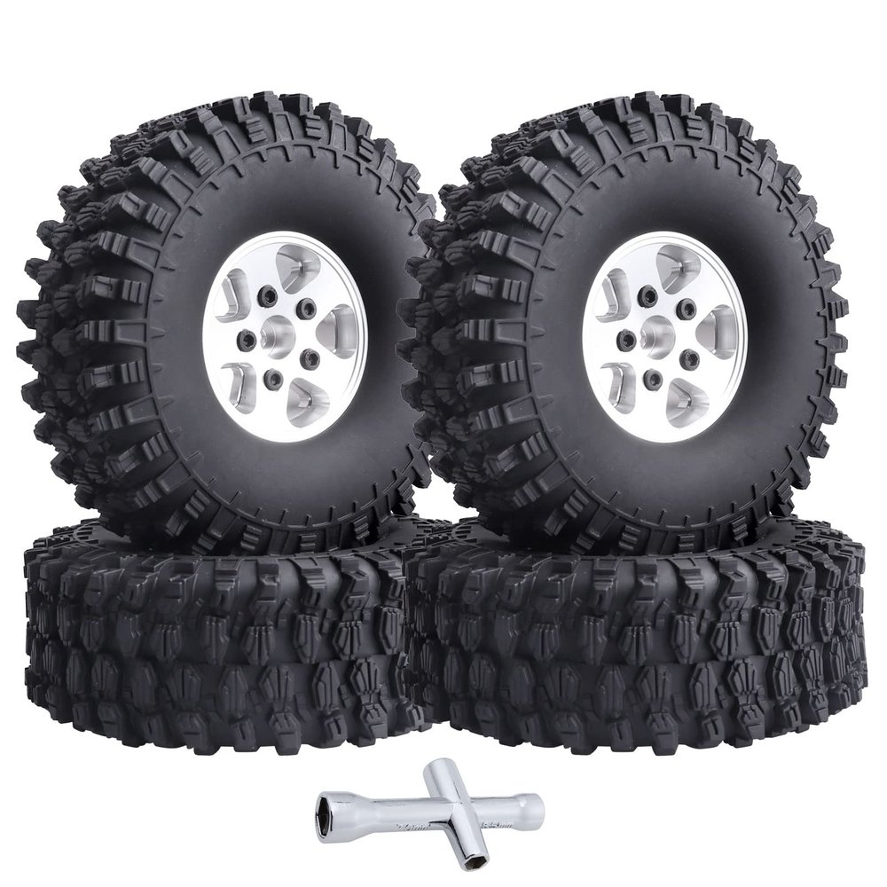 FriHobby 1.9 Inch Beadlock Wheels and Tires Wheel Hubs for Traxxas TRX4 SCX10 Gen 8 1/10 Scale RC Crawler Car Truck, Set of 4 (Sliver Rims)