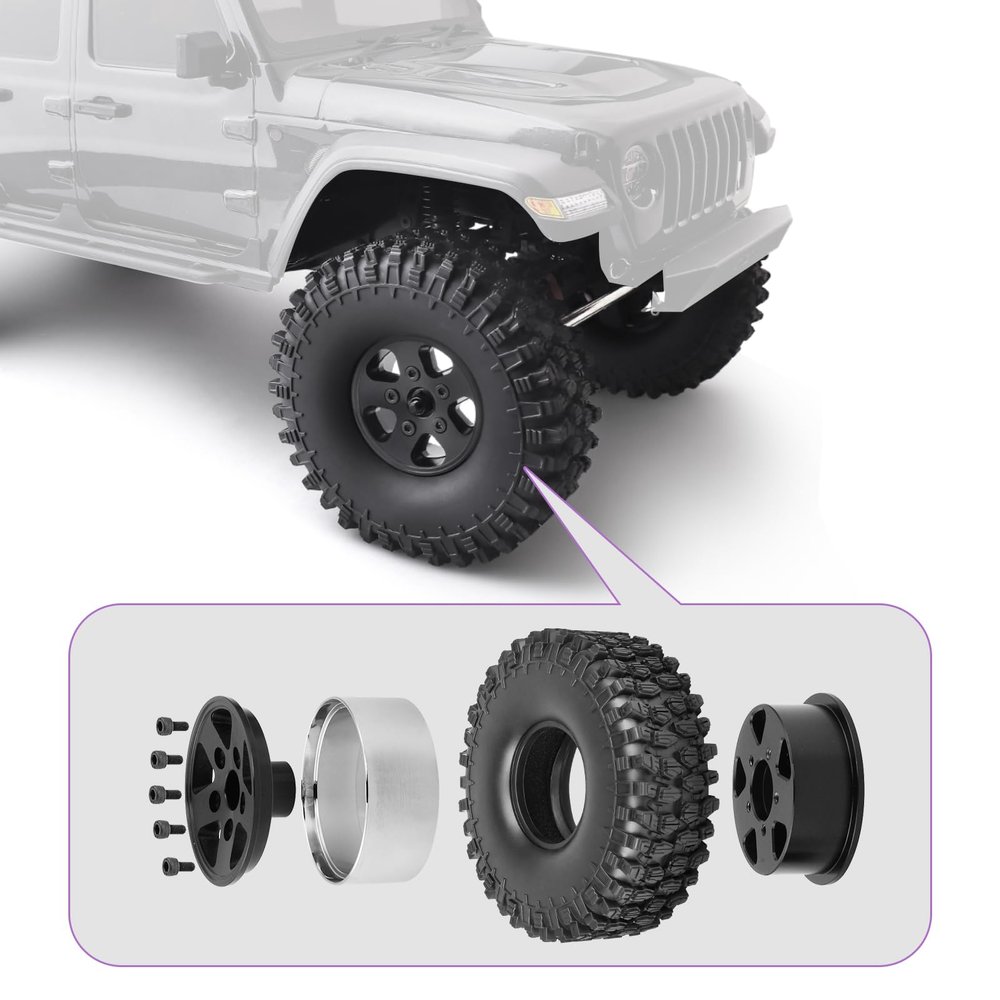FriHobby 4-Pack 1.9 Inch Beadlock Wheels and Tires Wheel Hubs for Traxxas TRX4 SCX10 Gen 8 1/10 Scale RC Crawler Car Truck (Black Rims)