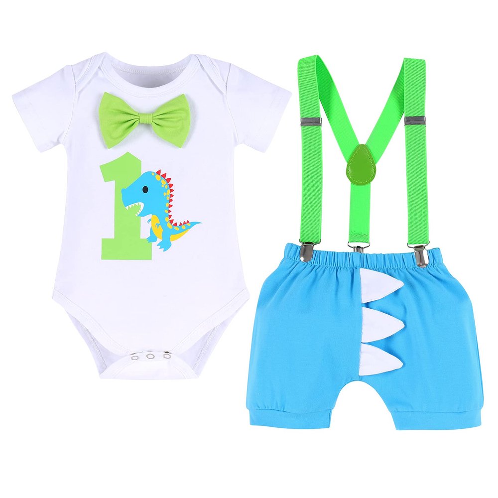 1st Birthday Outfit for Boys Gentleman Bowtie Romper+Diaper Cover Shorts+Y-Back Suspenders 3pcs Set First Birthday Party Cake Smash Dinosaur Fancy Costume Photo Shoot Blue-1 Boxer 12-18 Months