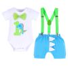 1st Birthday Outfit for Boys Gentleman Bowtie Romper+Diaper Cover Shorts+Y-Back Suspenders 3pcs Set First Birthday Party Cake Smash Dinosaur Fancy Costume Photo Shoot Blue-1 Boxer 12-18 Months view 1