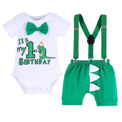 1st Birthday Outfit for Boys Gentleman Bowtie Romper+Diaper Cover Shorts+Y-Back Suspenders 3pcs Set First Birthday Party Cake Smash Dinosaur Fancy Costume Photo Shoot Green-1st Boxer 6-12 Months
