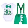 1st Birthday Outfit for Boys Gentleman Bowtie Romper+Diaper Cover Shorts+Y-Back Suspenders 3pcs Set First Birthday Party Cake Smash Dinosaur Fancy Costume Photo Shoot Green-1st Boxer 6-12 Months view 1