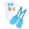 1st Birthday Outfit for Boys Gentleman Bowtie Romper+Diaper Cover Shorts+Y-Back Suspenders 3pcs Set First Birthday Party Cake Smash Dinosaur Fancy Costume Photo Shoot Blue-one Boxer 12-18 Months view 1