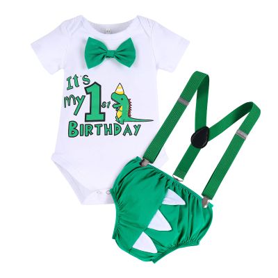 1st Birthday Outfit for Boys Gentleman Bowtie Romper+Diaper Cover Shorts+Y-Back Suspenders 3pcs Set First Birthday Party Cake Smash Dinosaur Fancy Costume Photo Shoot Green-1st Briefs 6-12 Months