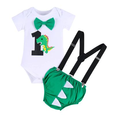 1st Birthday Outfit for Boys Gentleman Bowtie Romper+Diaper Cover Shorts+Y-Back Suspenders 3pcs Set First Birthday Party Cake Smash Dinosaur Fancy Costume Photo Shoot Green-1 Briefs 6-12 Months