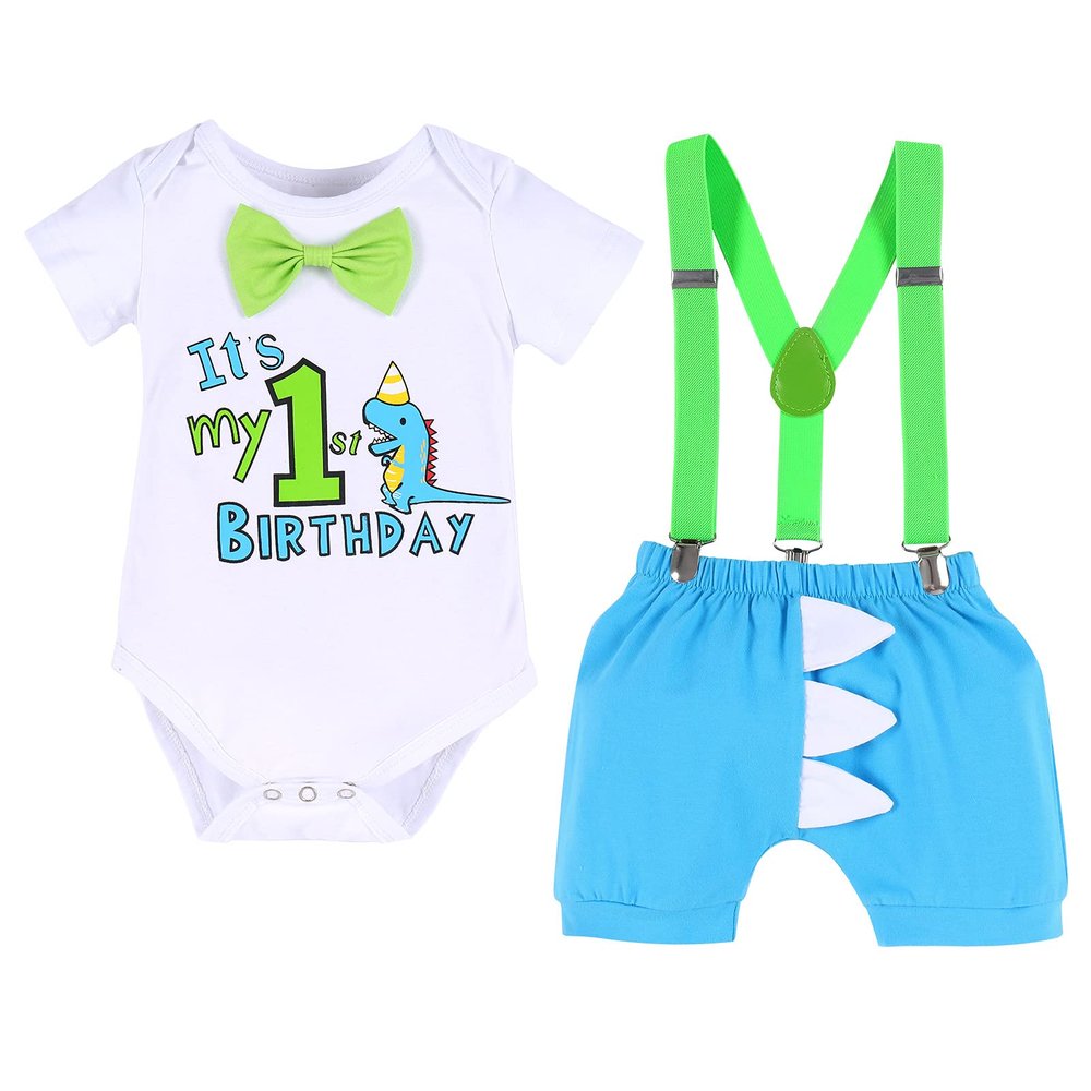 1st Birthday Outfit for Boys Gentleman Bowtie Romper+Diaper Cover Shorts+Y-Back Suspenders 3pcs Set First Birthday Party Cake Smash Dinosaur Fancy Costume Photo Shoot Blue-1st Boxer 12-18 Months